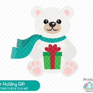 Polar Bear Holding Gift SVG Cut File & Clipart E568 - svg, dxf, printable png - Christmas Polar Bear, Cut Polar Bear svg