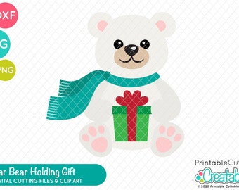 Polar Bear Holding Gift SVG Cut File & Clipart E568 - svg, dxf, printable png - Christmas Polar Bear, Cut Polar Bear svg