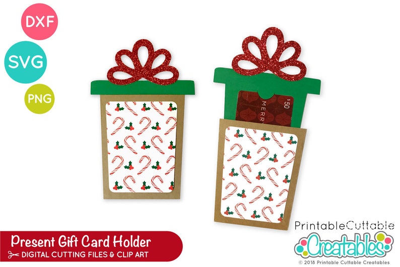 May include: A printable gift card holder design featuring a red bow, green box, and a white background with a candy cane and holly pattern. The text "MERR" and "$50" are visible on the gift card.