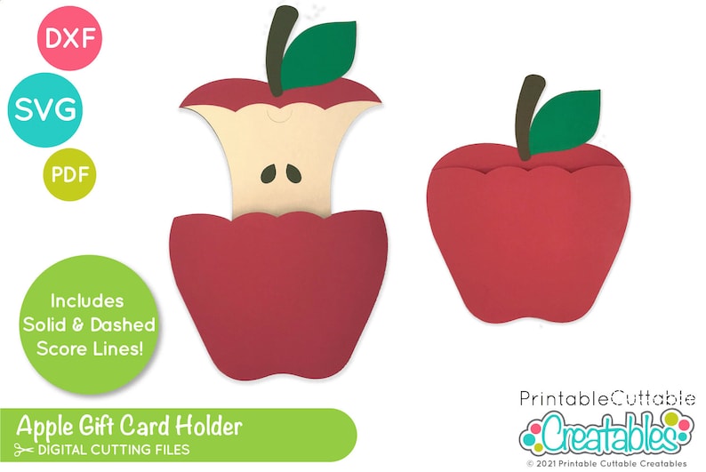 Puede incluir: Un porta tarjetas de regalo de manzana roja con un mordisco. El soporte est&aacute; hecho de papel y tiene una hoja verde en la parte superior. El texto "Apple Gift Card Holder" y "DIGITAL CUTTING FILES" est&aacute; impreso debajo de la manzana. El texto "PrintableCuttable Creatables" est&aacute; impreso en la esquina inferior derecha de la imagen.