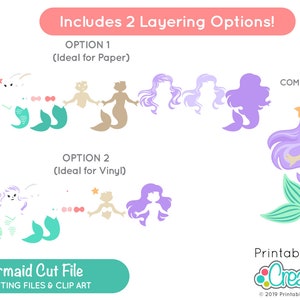 May include: A digital cut file featuring mermaid designs, including options for layering. The image shows various mermaid elements in teal, purple, and tan, along with a completed design of a mermaid with purple hair and a teal tail. Text includes "Cute Mermaid Cut File".