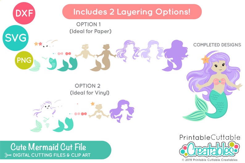 May include: A digital cut file featuring mermaid designs, including options for layering. The image shows various mermaid elements in teal, purple, and tan, along with a completed design of a mermaid with purple hair and a teal tail. Text includes "Cute Mermaid Cut File".