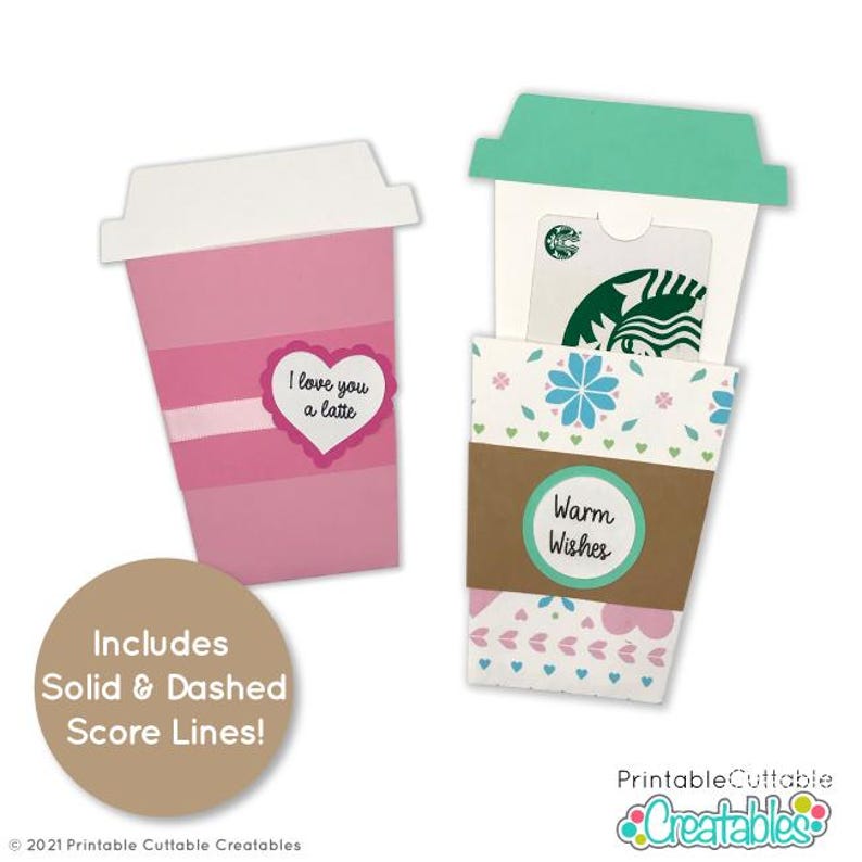 May include: Printable paper craft template for a coffee cup gift card holder. The template includes two designs, one with a pink coffee cup and the text "I love you a latte" and the other with a brown coffee cup and the text "Warm Wishes".