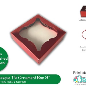 May include: A red 3-inch square box with a cut-out design in the shape of an arabesque tile. The box is for an ornament and includes digital cutting files for SVG, DXF, and PDF.