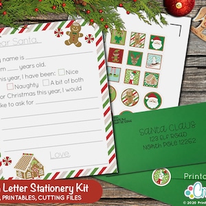 Kit de papelería imprimible Dear Santa Letter D032 - PNG PDF SVG - Lista de deseos de Santa - Imprimir y cortar pegatinas y sellos - Sobre SVG