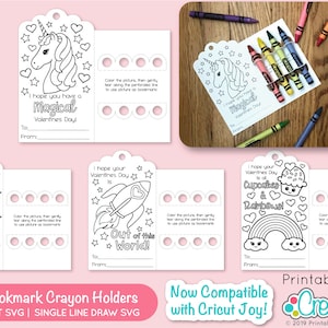 May include: Printable Valentine's Day bookmark crayon holders with a unicorn, monster, rocket, and rainbow design. Each holder has a space to color the picture and a slot to hold crayons. The text on the bookmarks reads "I hope you have a magical Valentine's Day!" "Hey Valentine, I've got my eye on you!" "I hope your Valentine's Day is out of this world!" and "I hope your Valentine's Day is all cupcakes & rainbows!"