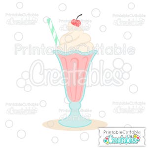 Puede incluir: Ilustración digital de un batido de leche rosa en un vaso alto con borde y base azul claro. El batido de leche está cubierto con crema batida y una cereza. Una pajita a rayas verdes y blancas está en el batido de leche.
