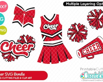 Può includere: Un costume da cheerleader rosso e bianco con bordino nero e la scritta "Cheer" sul davanti. Ci sono anche pompon rossi e bianchi, un fiocco rosso e bianco e un megafono rosso con la scritta "Cheer" sopra.