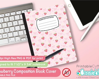 Strawberry Composition Notebook Cover Printable PNG D198 - Digital Download Composition Book Cover Design