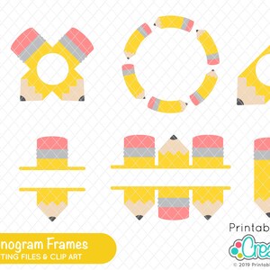 Puede incluir: Un conjunto de cinco archivos de corte digital con marcos en forma de lápiz para monogramas. Los marcos son de color amarillo, rosa y gris. El texto "Pencil Monogram Frames" y "Digital Cutting Files & Clip Art" está incluido en la imagen.