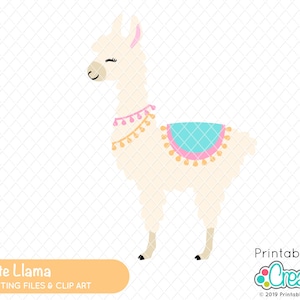 May include: A cute cartoon llama with closed eyes, wearing a turquoise and pink saddle with yellow tassels. The llama is white with a light brown nose and hooves.