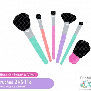 May include: A collection of five makeup brushes in various sizes and shapes. The brushes feature black bristles, silver ferrules, and handles in teal, pink, and purple. The image includes text: "Makeup Brushes SVG File".