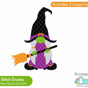 May include: A Halloween witch gnome with a black hat, purple dress, white beard, and green face holding a broom. The gnome is standing on a white background. Includes 2 layering options.