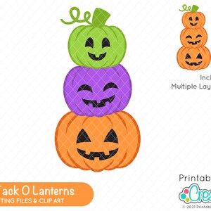 Puede incluir: Una pila de tres calabazas de jack-o'-lantern con caras de diferentes colores. La calabaza de abajo es naranja, la calabaza del medio es morada y la calabaza de arriba es verde. Las calabazas están apiladas una encima de la otra y tienen caras sonrientes. El texto "Stacked Jack O Lanterns" está en la parte inferior de la imagen.
