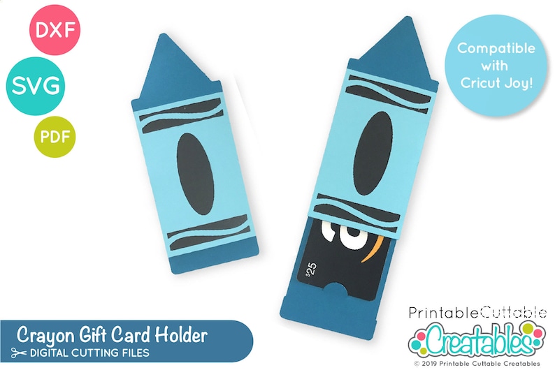 May include: A blue crayon-shaped gift card holder with a slot for a gift card. The holder is compatible with Cricut Joy.