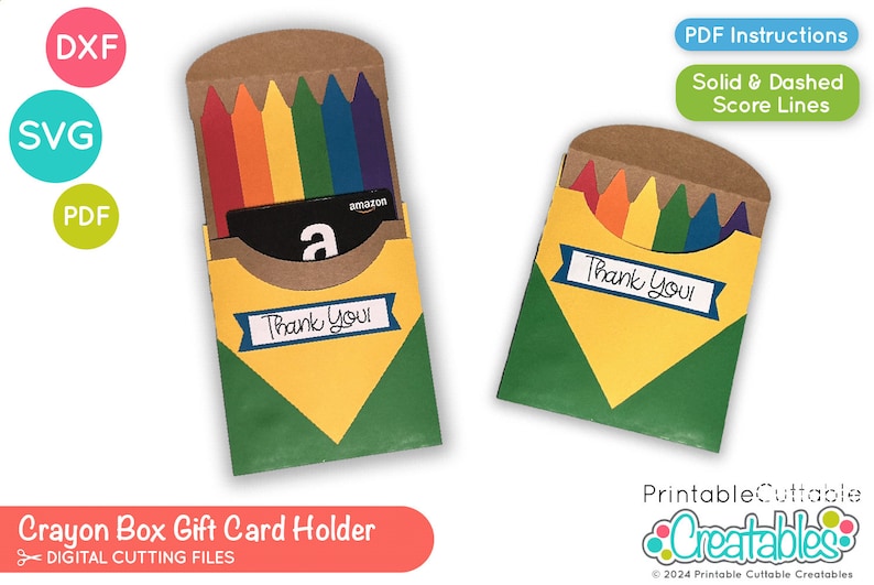 K&ouml;nnte beinhalten: Ein bedruckbarer, ausschneidbarer Geschenkkartenhalter in Form einer Crayon-Box mit gelbem und gr&uuml;nem Design. Die Box hat einen Schlitz f&uuml;r eine Geschenkkarte und ein Banner mit der Aufschrift "Danke!" Die Box ist so gestaltet, dass sie wie eine Schachtel mit Buntstiften aussieht, mit einer Reihe bunter Stifte auf der Vorderseite.