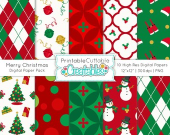 Merry Christmas Digital Paper Pack Printable Scrapbook Paper Instant Download - Includes Limited Commercial Use!