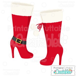 May include: A pair of red Santa boots with white fur trim and black buckles. The boots have high heels and are decorated with white pom-poms.