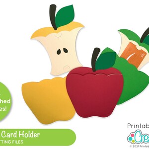 Puede incluir: Un dise&ntilde;o de archivo de corte digital para un portador de tarjeta de regalo de manzana. El dise&ntilde;o incluye tres formas de manzana diferentes: una manzana roja, una manzana amarilla y una manzana verde con un mordisco. El dise&ntilde;o incluye l&iacute;neas de puntuaci&oacute;n s&oacute;lidas y discontinuas.