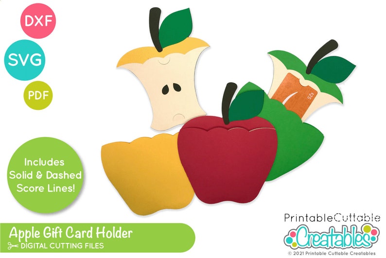 Puede incluir: Un dise&ntilde;o de archivo de corte digital para un portador de tarjeta de regalo de manzana. El dise&ntilde;o incluye tres formas de manzana diferentes: una manzana roja, una manzana amarilla y una manzana verde con un mordisco. El dise&ntilde;o incluye l&iacute;neas de puntuaci&oacute;n s&oacute;lidas y discontinuas.