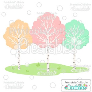 May include: Three pastel-colored trees with white trunks and branches. The trees are on a green grassy hill. The trees are peach, pink, and mint green.
