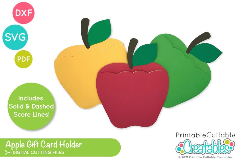 Puede incluir: Tres porta tarjetas de regalo de manzana imprimibles, uno rojo, uno amarillo y uno verde. Las manzanas est&aacute;n dise&ntilde;adas para ser recortadas y dobladas en un porta tarjetas de regalo. El texto "Includes Solid & Dashed Score Lines!" est&aacute; incluido en la imagen. El texto "Apple Gift Card Holder" y "DIGITAL CUTTING FILES" tambi&eacute;n est&aacute; incluido en la imagen.