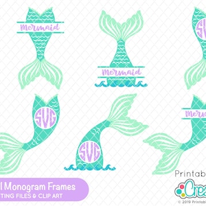 Puede incluir: Conjunto de seis archivos de corte digital con marcos de monograma de cola de sirena. Los marcos son en tonos de turquesa y verde con un monograma morado en el centro. El texto "Mermaid" aparece en algunos de los marcos.