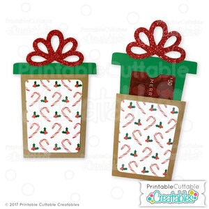 May include: Printable gift card holder with a red bow and a candy cane pattern. The holder is designed to hold a gift card or cash. The text "MERRY" and "$50" are visible on the gift card.