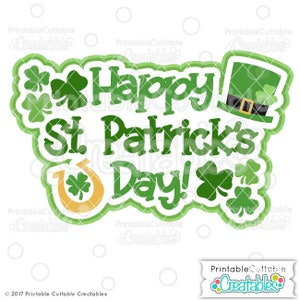 May include: Green and gold Happy St. Patrick's Day graphic with shamrocks, a horseshoe, and a leprechaun hat.