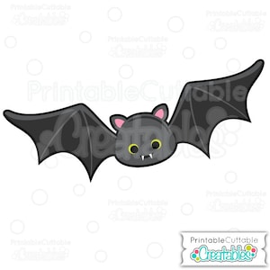 May include: A cartoon bat with black wings and a pink nose, flying with its mouth open, showing small white teeth. The bat has large yellow eyes.