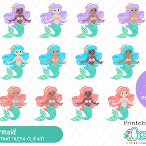 May include: A collection of cute mermaid digital cutting files and clip art. The mermaids have various skin tones, hair colors, and seashell tops. The image includes the text "Cute Mermaid" and "DIGITAL CUTTING FILES & CLIP ART."