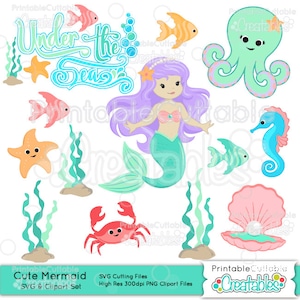 Cute Mermaid SVG Embellishment Set Cut File & Clipart ES021 - Includes Limited Commercial Use!