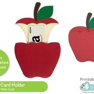 Puede incluir: Un porta tarjetas de regalo de manzana roja con un mordisco en la parte superior. El porta tarjetas est&aacute; dise&ntilde;ado para contener una tarjeta de regalo, y la imagen muestra una tarjeta de regalo de Amazon en el interior. El porta tarjetas es un archivo de corte digital, disponible en los formatos DXF, SVG y PDF.