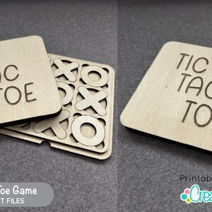 May include: A wooden Tic Tac Toe game with laser cut pieces. The game is made of two pieces, one with the words "Tic Tac Toe" and the other with the game board and pieces.