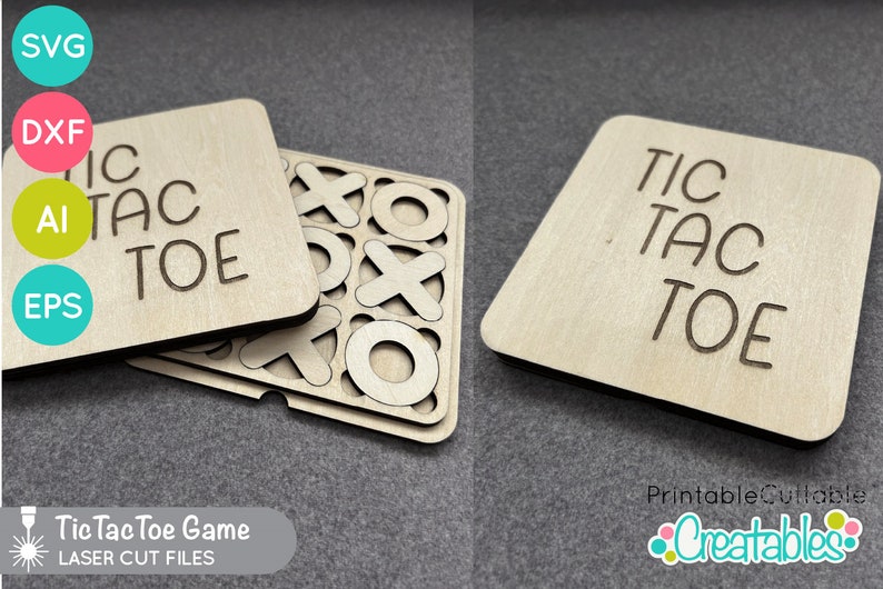 May include: A wooden Tic Tac Toe game with laser cut pieces. The game is made of two pieces, one with the words "Tic Tac Toe" and the other with the game board and pieces.