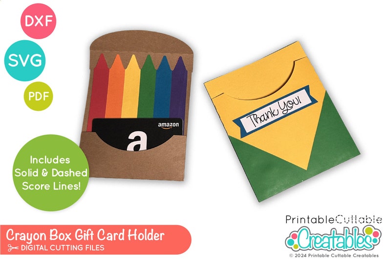 K&ouml;nnte beinhalten: Eine druckbare, ausschneidbare Vorlage f&uuml;r einen Geschenkkartenhalter in Form einer Crayon-Box. Die Vorlage enth&auml;lt eine braune Box mit einem Geschenkkartenschlitz und einem Regenbogen aus Buntstiften. Die Box ist ge&ouml;ffnet, um eine Geschenkkarte mit dem Amazon-Logo zu zeigen. Die Vorlage enth&auml;lt auch eine separate Dankeskarte mit gelbem Hintergrund, gr&uuml;nem Dreieck und blauem Banner.