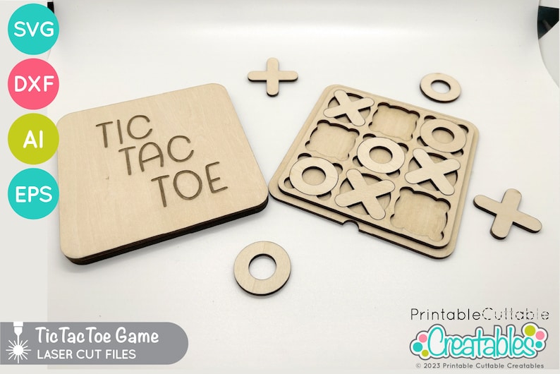 May include: A wooden Tic Tac Toe game with a board, nine playing pieces, and a separate piece with the words "Tic Tac Toe" engraved on it. The game is made of natural wood and has a light brown color.