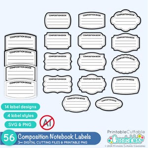 Puede incluir: Una colección de 14 etiquetas blancas para cuadernos de composición con bordes y líneas negras, que incluyen el texto COMPOSITION BOOK. El conjunto incluye 56 archivos de corte digitales y PNG imprimibles en varias formas rectangulares.