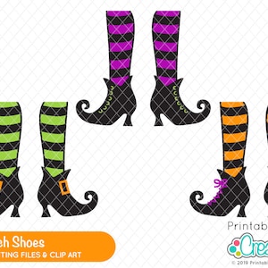 May include: Four pairs of witch shoes with striped stockings. The shoes are black with a pointed toe and a curled heel. The stockings are striped in green and black, purple and black, and orange and black.