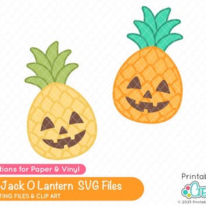 May include: Two cartoon pineapple Jack O' Lanterns with green leafy tops and carved faces. The image includes the text "Pineapple Jack O Lantern SVG Files" and icons for DXF, SVG, and PNG file types. The design is for digital cutting files and clip art.