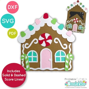 May include: A brown gingerbread house design with white icing, candy decorations, and a red and white peppermint sweet. The design includes the text "DXF", "SVG", "PDF", and "Includes Solid & Dashed Score Lines!"