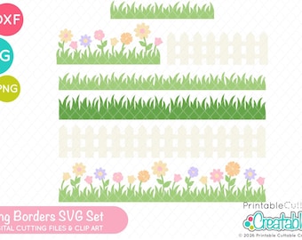 Frühling Borders SVG Cut Files & BF048 - svg, dxf, png - Gras, Lattenzaun und Blumen Schneidedateien für Cricut Scrapbooking Kartenherstellung