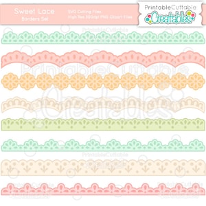 May include: Set of six digital lace borders in various pastel colors, including pink, peach, green, and cream. The borders are designed to be used for crafting and scrapbooking projects.  SVG Cutting Files High Res 300dpi PNG Clipart Files PrintableCuttable Creatables
