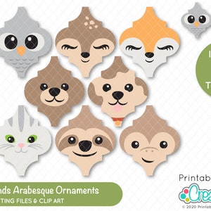 May include: Set of eight digital cutting files featuring animal faces in an arabesque design. The animals include an owl, deer, fox, bear, dog, cat, sloth, and monkey. The files are available in three sizes and are perfect for creating unique home decor, crafts, and more.