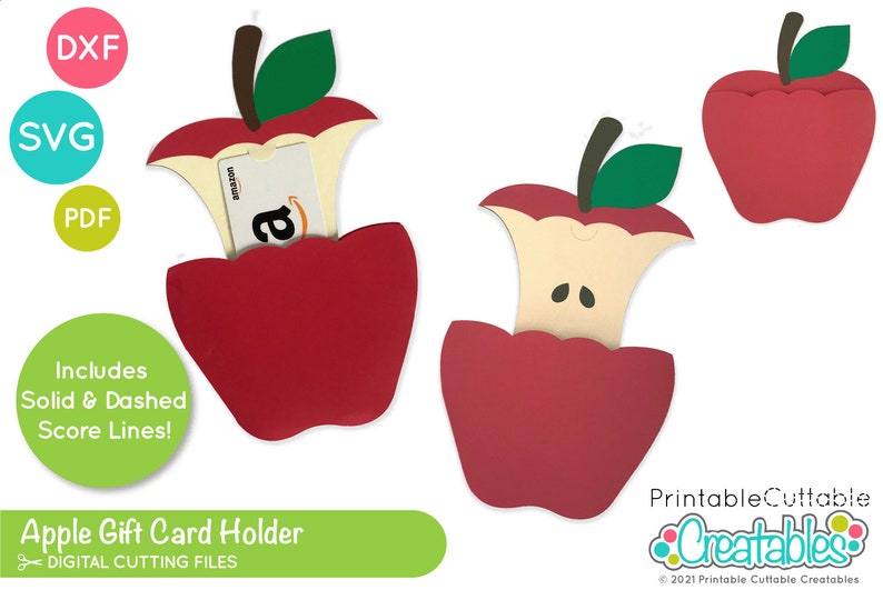 Puede incluir: Un dise&ntilde;o de archivo de corte digital para un portador de tarjeta de regalo con forma de manzana. El dise&ntilde;o incluye una manzana roja con un mordisco, y una pieza separada para el coraz&oacute;n de la manzana. El dise&ntilde;o incluye l&iacute;neas de puntuaci&oacute;n para un f&aacute;cil plegado.