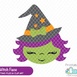 May include: A cute witch face illustration with a green face, purple hair, and a gray witch hat with orange accents and stars. The image includes the text "Cute Witch Face" and file type icons.