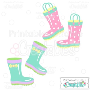 May include: Four pairs of colorful rain boots with polka dots and buckles. The boots are in shades of pink, green, and blue.