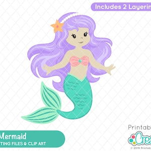 May include: A cartoon mermaid illustration with purple hair, a pink seashell top, and a teal tail. The image includes the text "Cute Mermaid" and "DIGITAL CUTTING FILES & CLIP ART". The image also includes the text "Includes 2 Layering Options!"