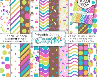 Puede incluir: Un paquete de papel digital con 20 patrones sin costuras de alta resolución con un tema de cumpleaños. Los patrones presentan rayas coloridas, lunares, confeti, cupcakes y sombreros de fiesta. El paquete incluye 20 archivos PNG de 12x12 pulgadas a 300 dpi.
