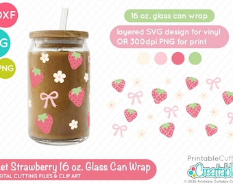 Erdbeerglasdose SVG PNG D196 - UVDTF Sublimation gedruckte Vinyl transparent 16 oz Verpackung